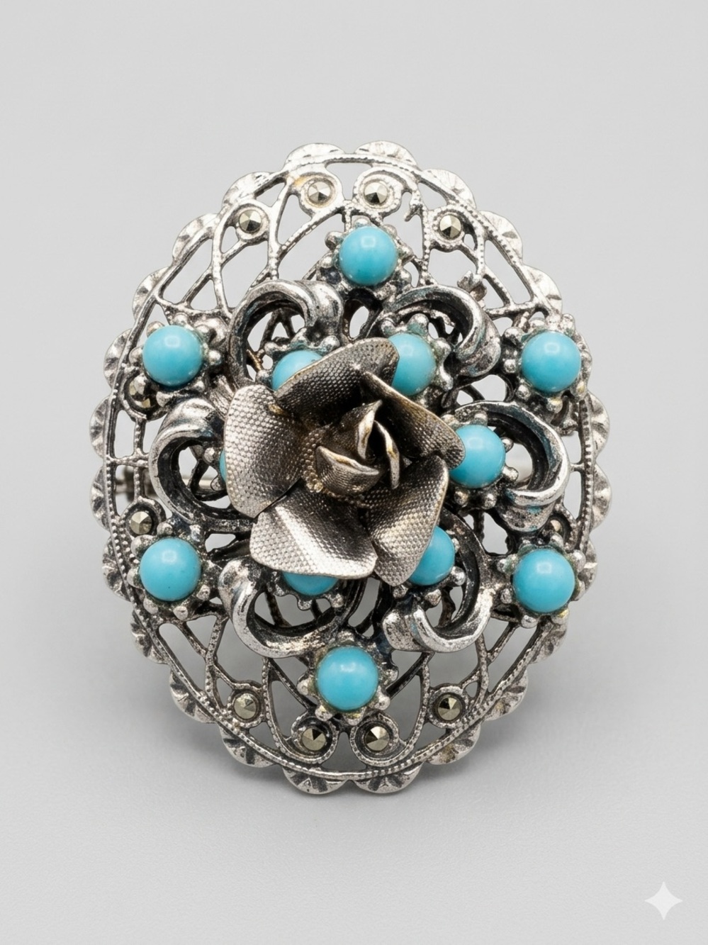 Vintage Silver Floral Ring with Turquoise Beads